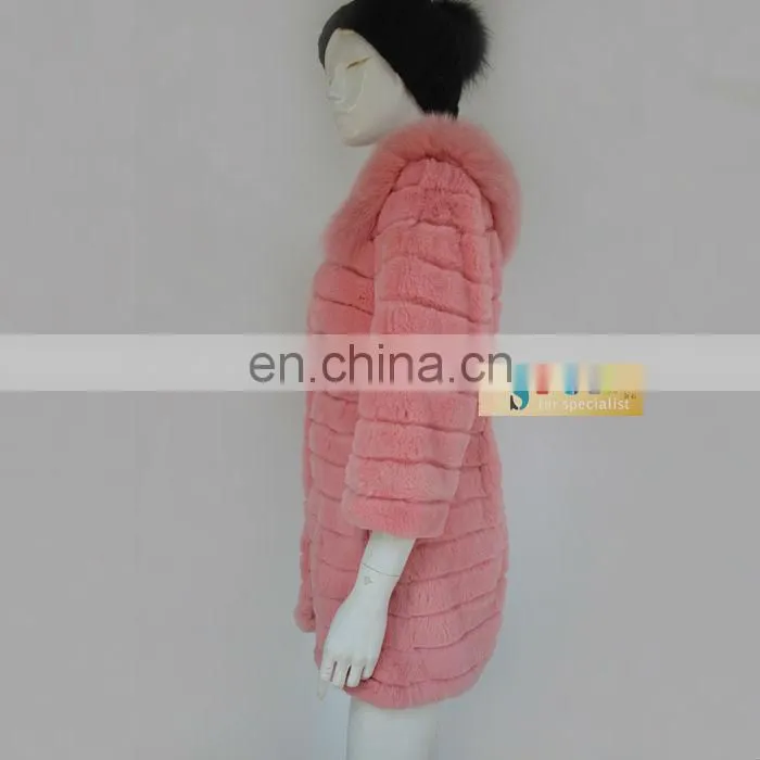Pretty strawberry pink long rabbit fur women coat with fox fur collar