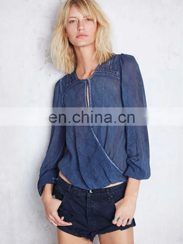 Lace trimed long sleeve woman surplice woven top