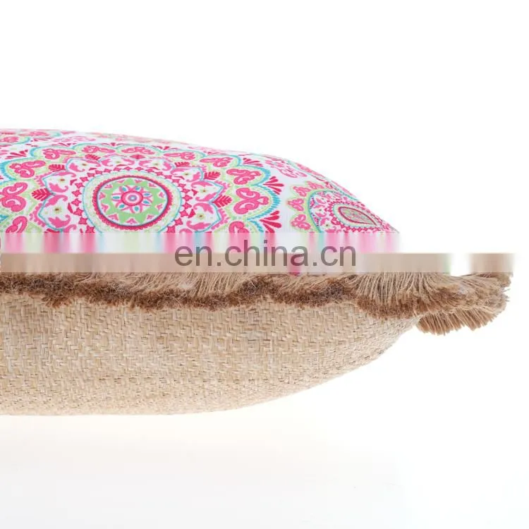 Custom Made Decorative 3D Printed Pink Flowers Outdoor Bench Waterproof Throw Pillow Cushion with Jute Fringe