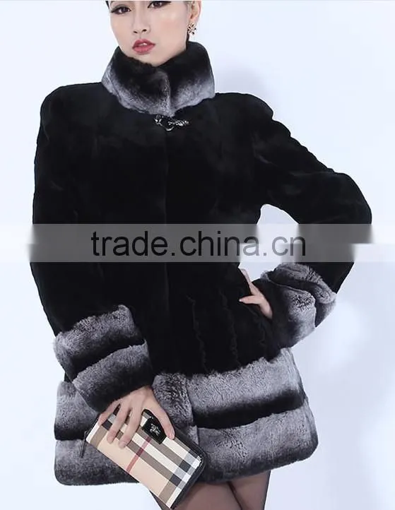 rex14060 short black rex rabbit fur coat chinchilla color trim