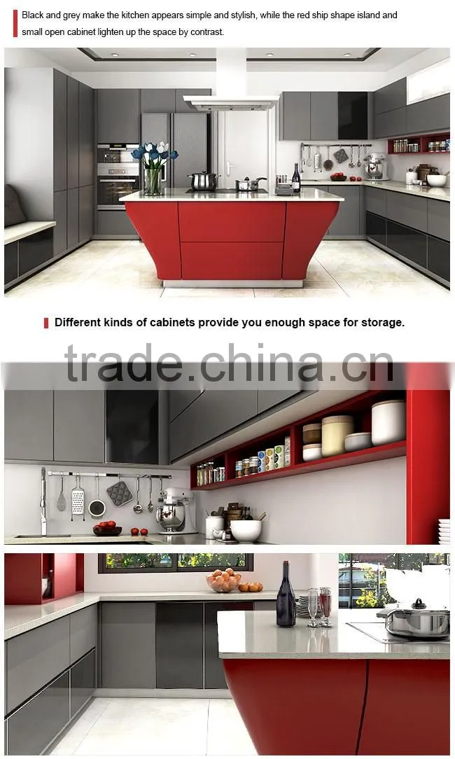 Red & Grey Tempered Glass Lacquer MDF Wooden Kitchen Cabinet with Island Design