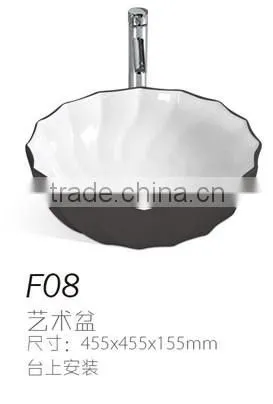 F08 Popular ceramic black basin, wave edge basin, round shape bowl colored basin white inside and black outside wash basin