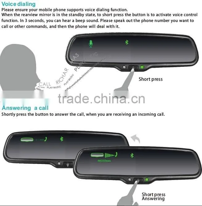 4.3 inch car interior rearview mirror with bluetooth function and backup camera display for most cars
