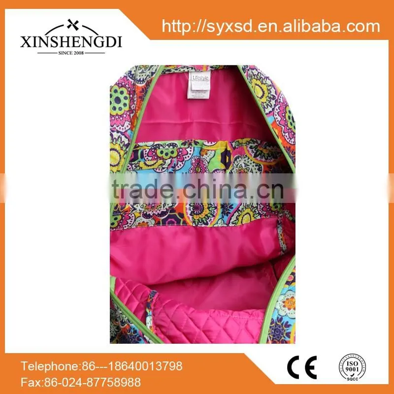 2016 hot cotton bright quilted textile printing zipper backpack factory