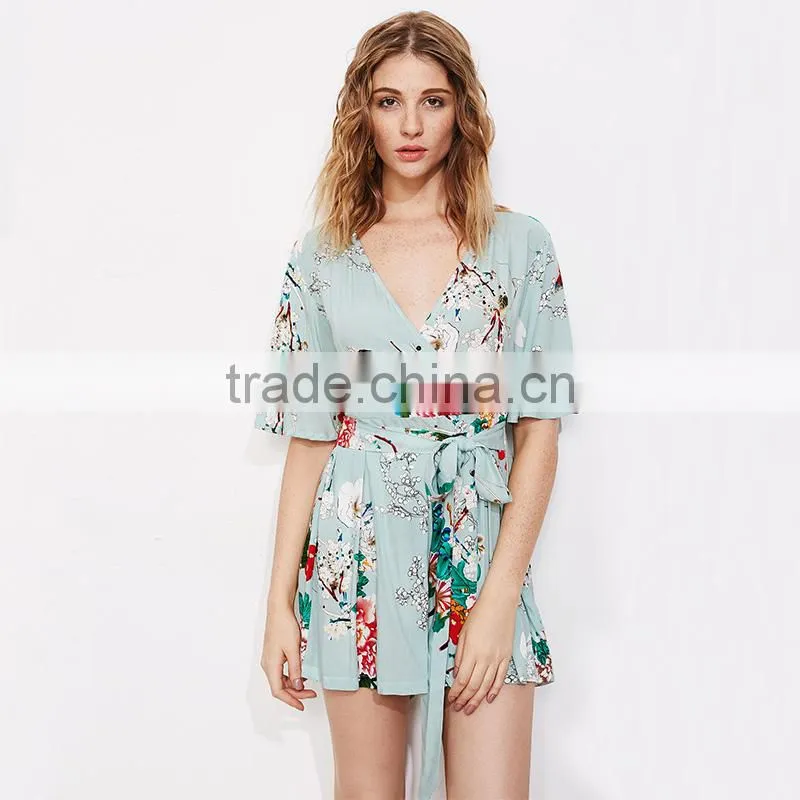 Rayon floral print ladies romper, deep V-neck sexy half sleeves romper