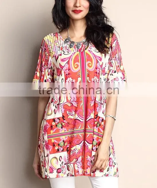 2016 New Fashion Women Tops With Orange Paisley Pin Tuck Panel Boyfriend Tunic Women Blouse Women Clothing GD90426-39