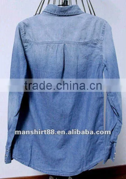 100% cotton washed women's top blouses denim shirts with 2 pockets and snap buttons