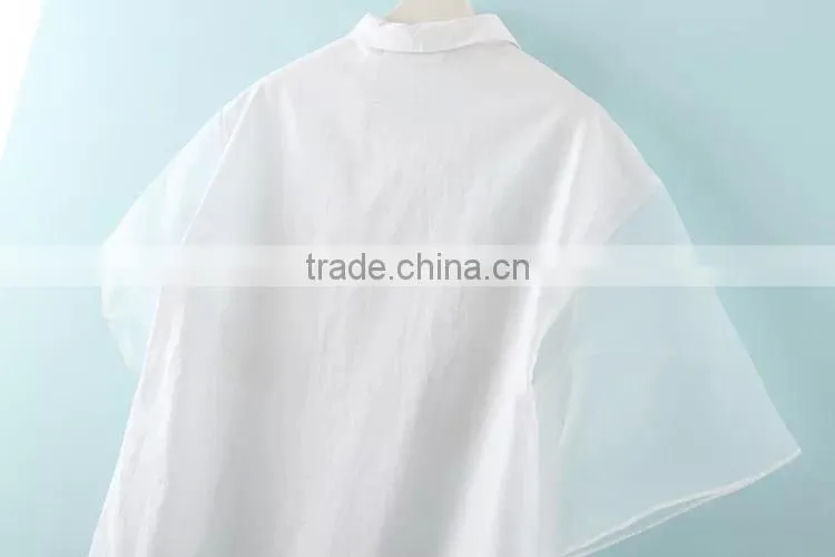 Simple style chiffin wihte V neck no collar 7 sleeve women casual bouse