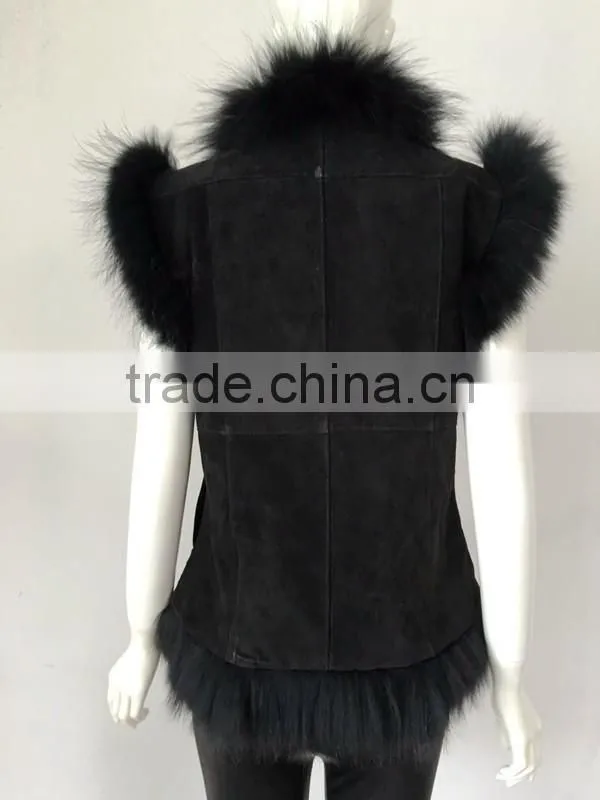 YR098 Pig Suede with Raccoon Fur Trimming Vest Fur and Leather Vest