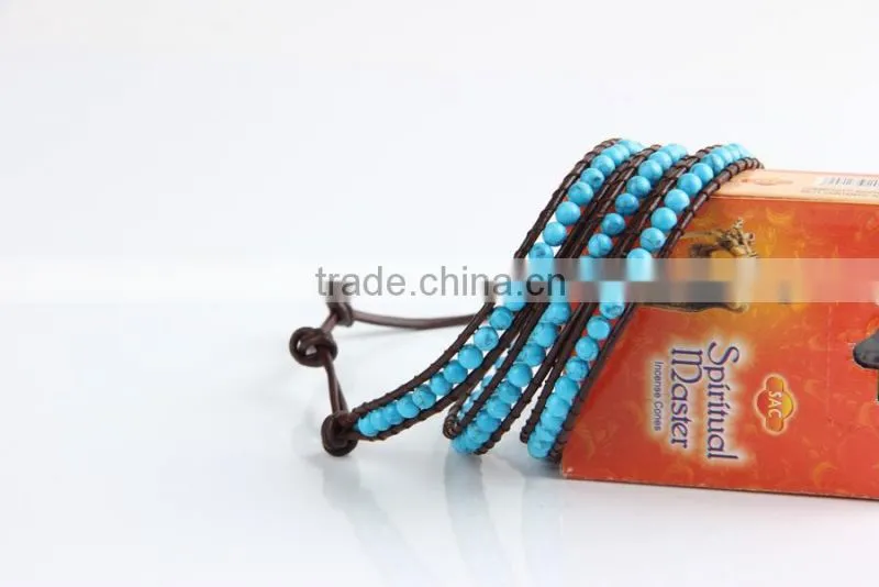 Retro Vintage Lovely Multilayer 4mm Round Blue Turquoise And Hand Knotted Brown Leather Wrap Bangle Bracelet