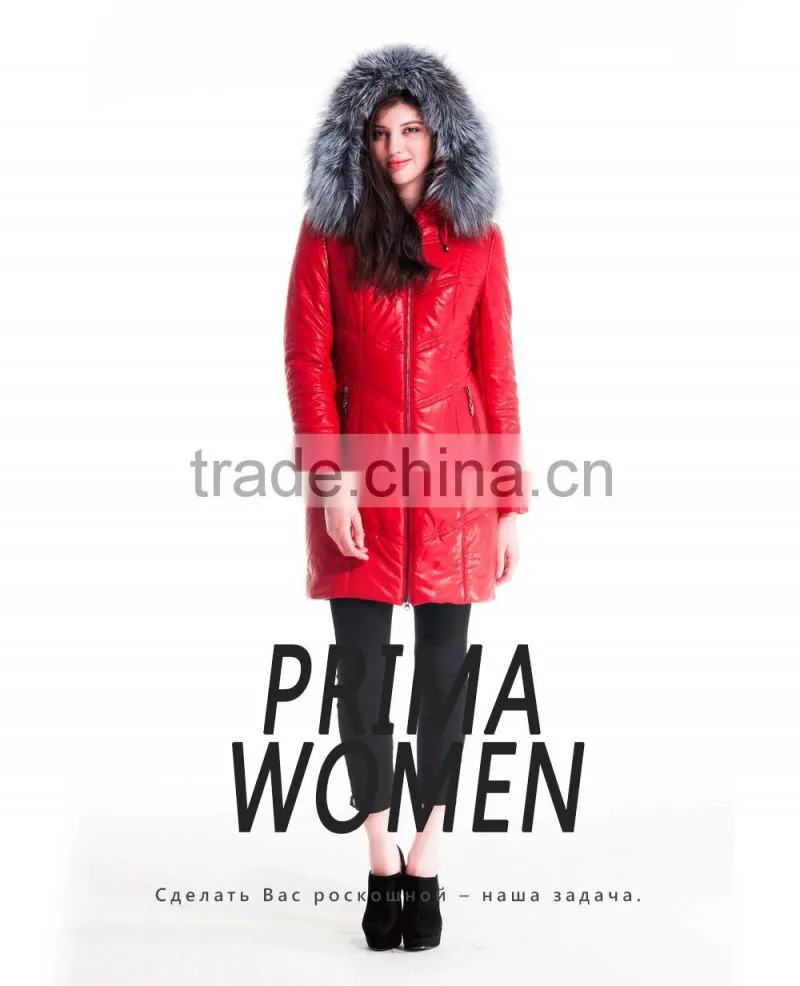 New 2016 Women Winter Leather Jacket Medium Length Slim Fit Coat With Brown Fox Fur Hat Overcoat