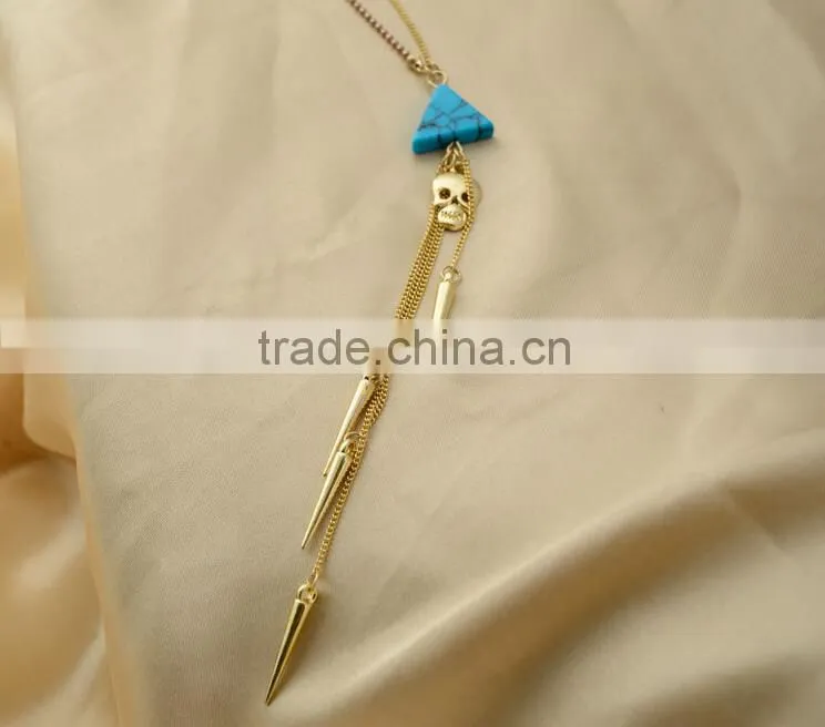 2014 Rivet tassel Turquoise alloy Skull Heads pendant Dainty long tassel necklace set