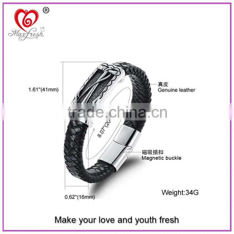 Chinese Manufacturer Maxfresh Stainless Steel Jewelry Bracelet with Genuine Leather length adjustable