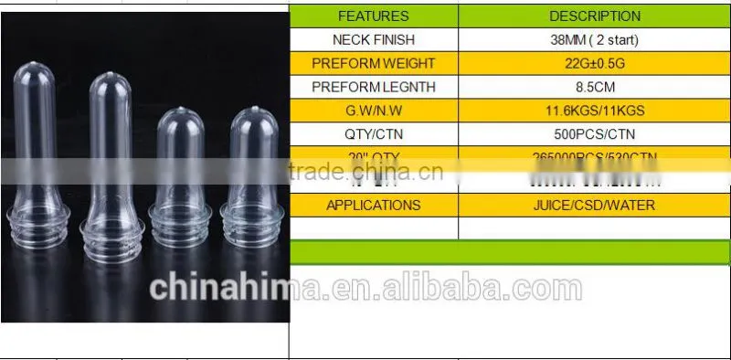 plastic bottle preform for water bottles/CSD/JUICE/MILK 38mm 63g transperant