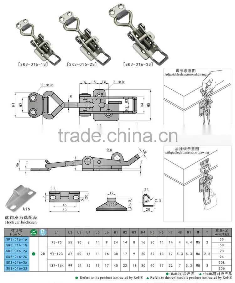 SK3-016 China supplier Stainless Steel adjustable draw bolt latch / lockable Toggle latch