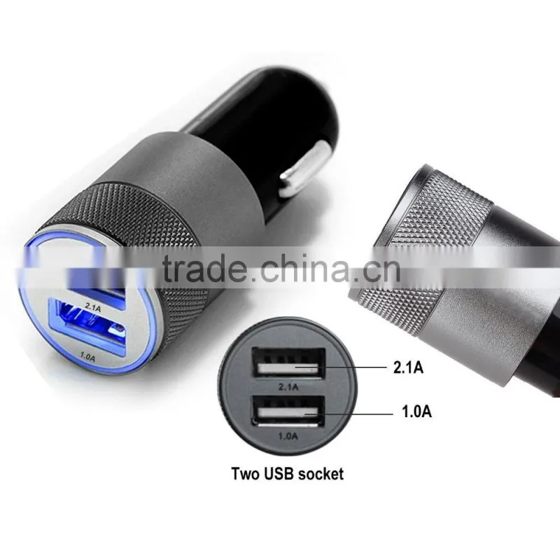 Multifunction 12v 24v 2.1A 1.0A Aluminium Bullet Dual Port USB Universal Car Charger for Iphnoe Ipad Normal Usb Phone