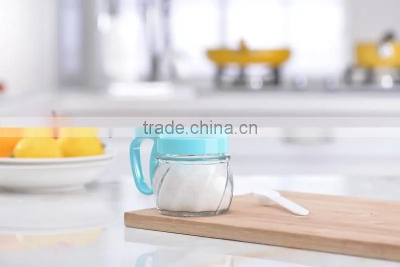 2016 Hot sale High Kitchen Colored Quality Glass spice jar with spoon