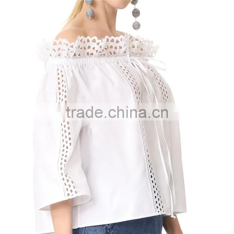 2017 OEM Semi-sheer Loose off-shoulder Neckline London Lace Blouse