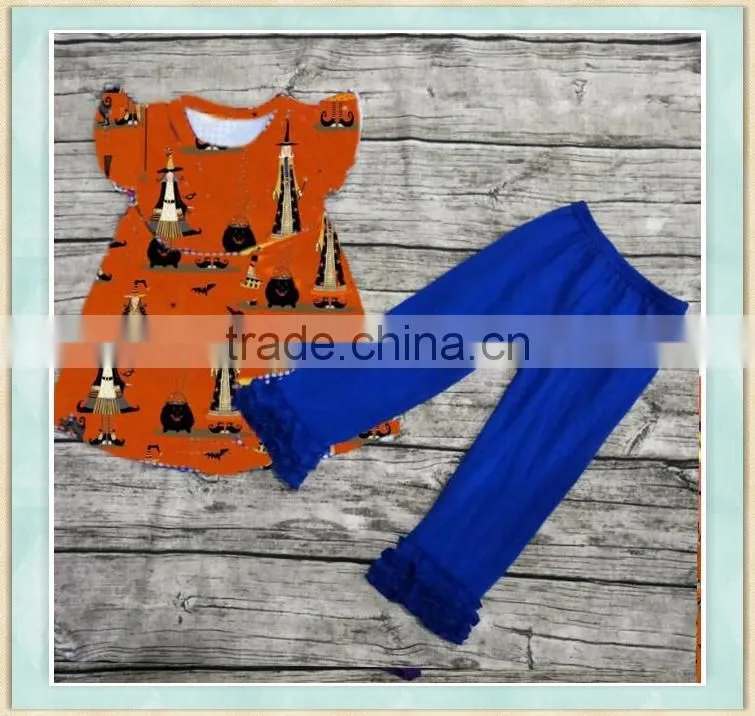 Top union girls clothes baby girl halloween kid baby ruffle pant and flutter skull picture girls outfit