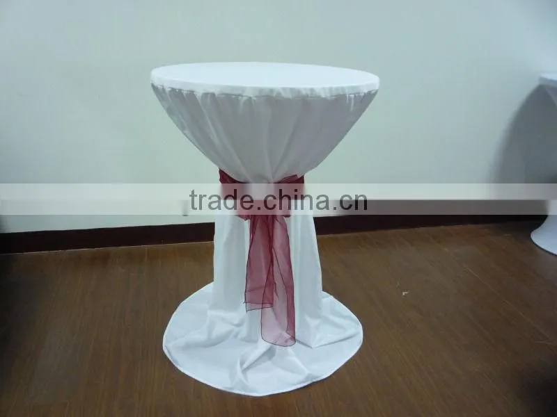 knitted 100% polyester tablecloth, Stehtischhusse weiss mit extra Schleifenband