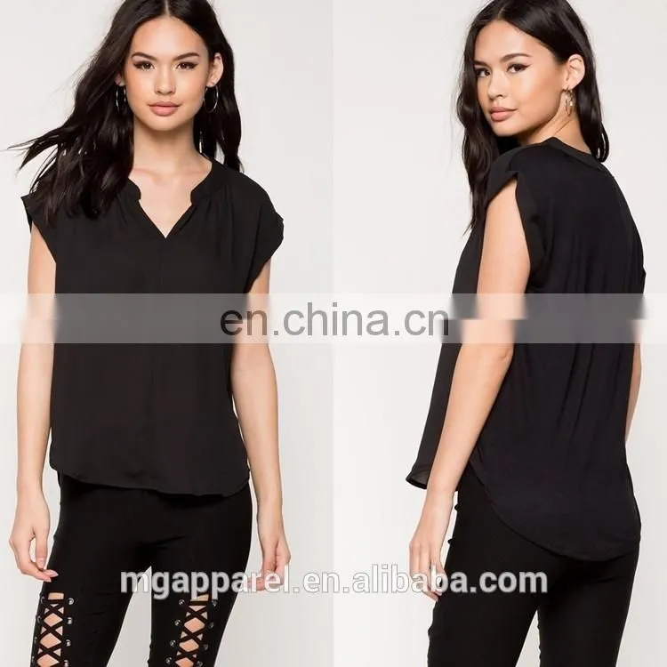 Wholesale blank split neck short sleeve black t shirts for women