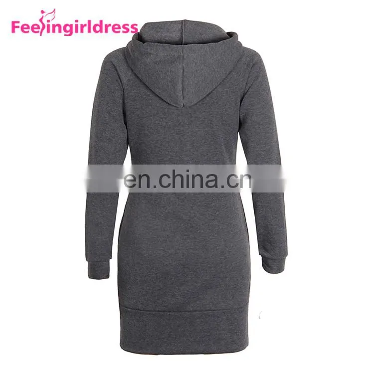 Fashion Plain Long Sleeve Slit Pullover Hoodie Women Winter Dress