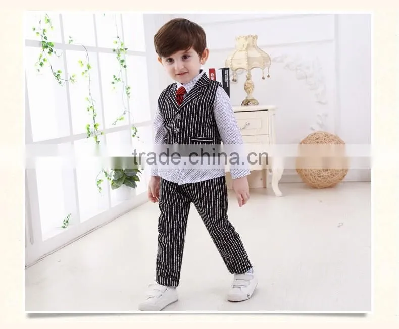 2016 Wholesale New arrival British Striped vest three-piece baby boy set plaid shirt with tie baby boy clothes suit
