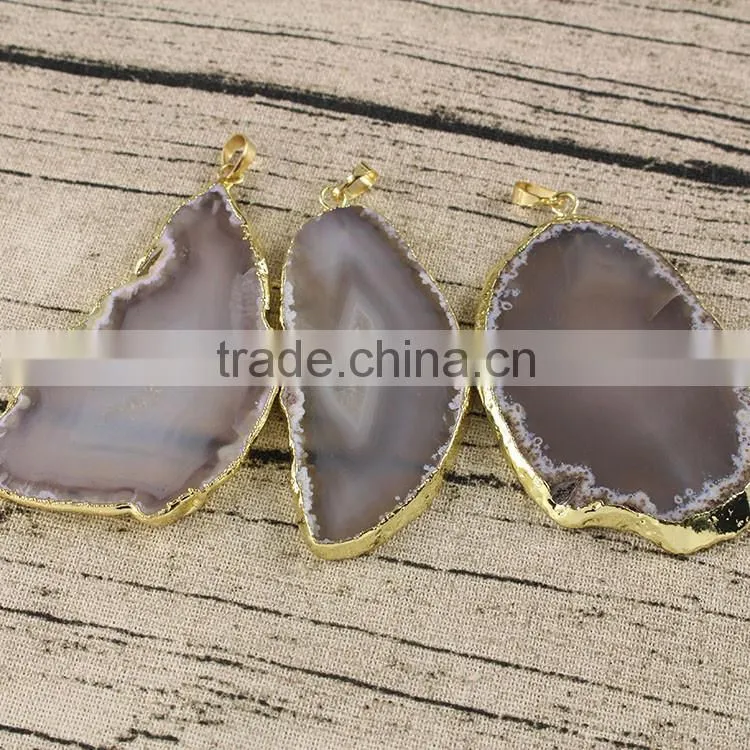 JF6925 Hot sale gold electroplated Gray Grey Agate Slice Pendants