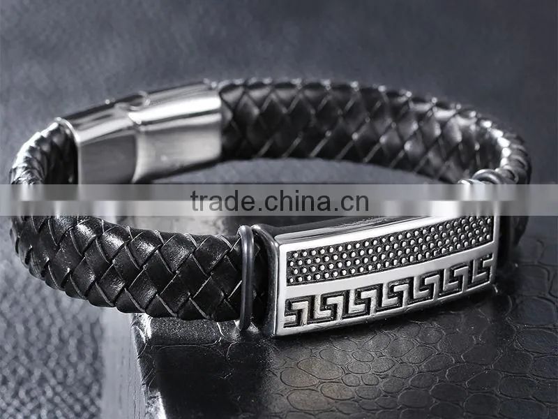 Latest Design Wide Braided Leather Bracelet Men Black Genuine Leather Bangle 316L Stainless Steel Magnetic Clasp