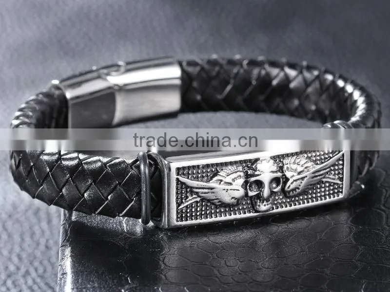 Halloween Punk Skull Wings Genuine Leather Bracelet Unisex Stainless Steel Clasp Cuff Bangle