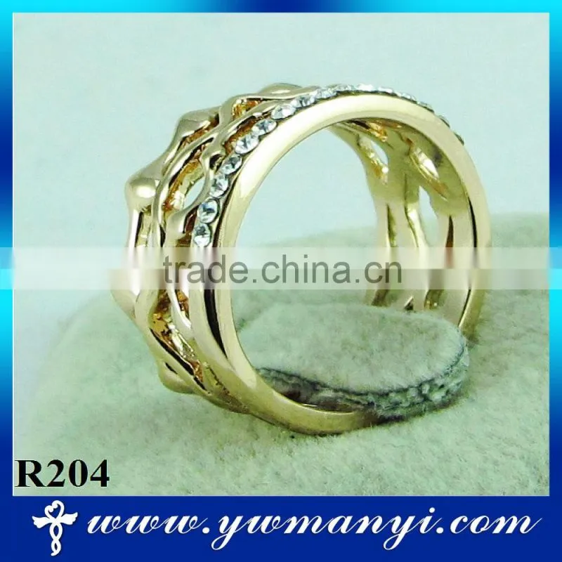 Fashion rhinestone ring ripple alloy plated gold/silver ring R204