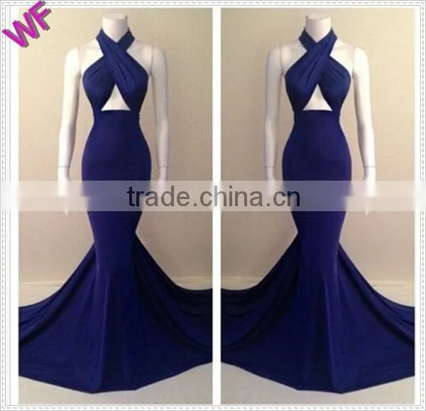 Custom Made Women Halter Long Floral Hem Navy Maxi Dress