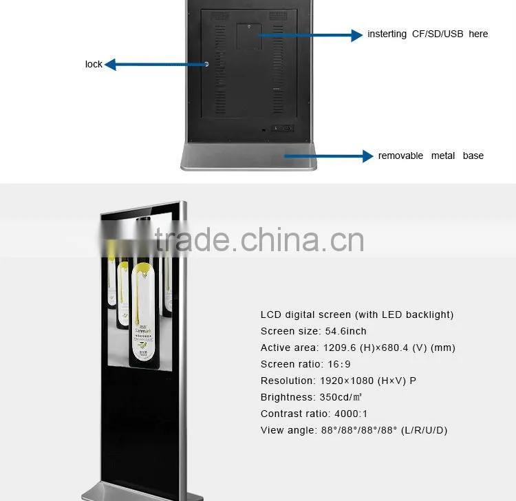 55"indoor LCD TFT AD TV monitor,indoor LED commercial advertising display screen,free standing AD LCD display with usb interface