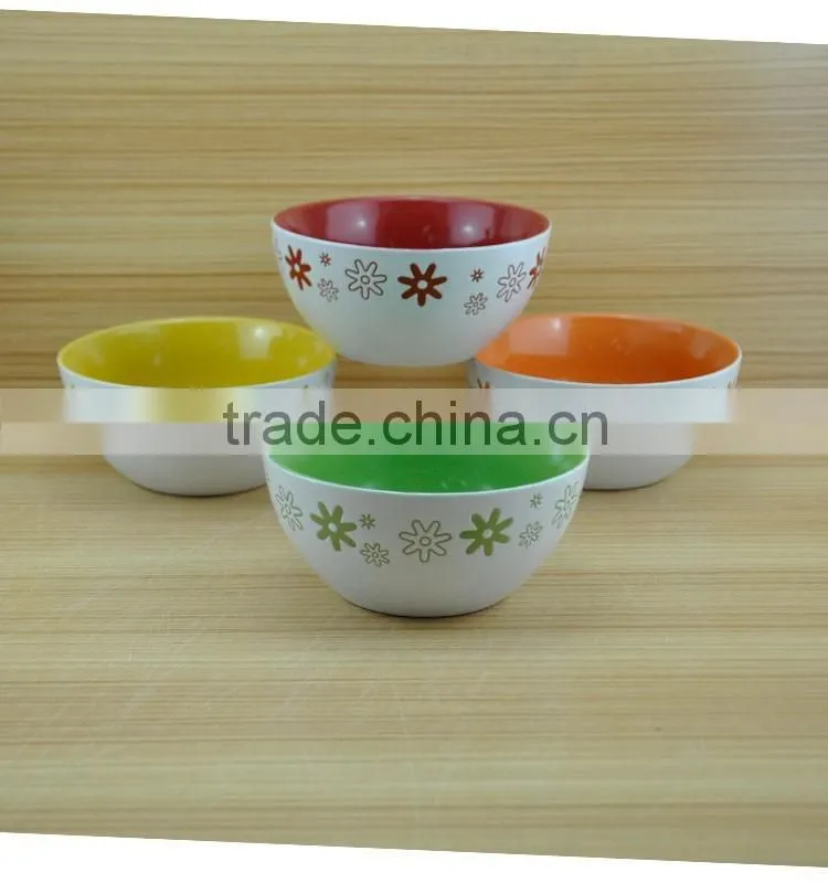 wholesale 4 color mixed debossed design ceramic soup bowl with handle