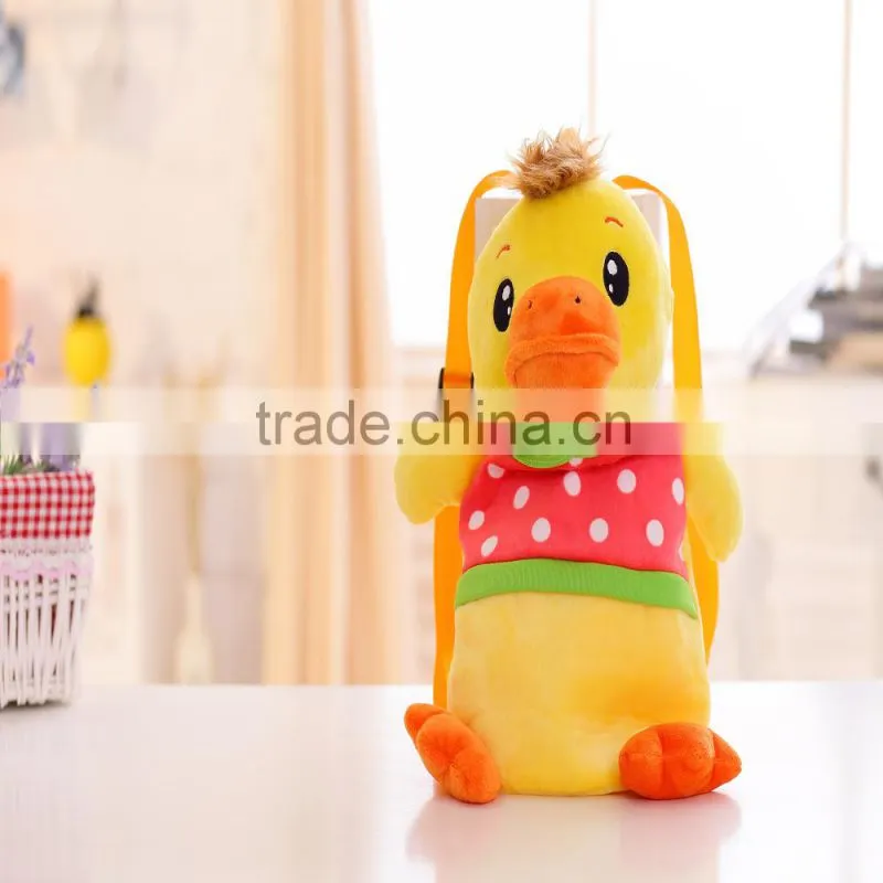 30cm lovely customized yellow stuffed plush strawberry duck doll animal backpack with strawberry-printed T-shirt