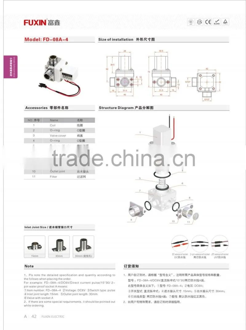 food garde standard brass body 6v normal close water solenoid valve magnetic valve