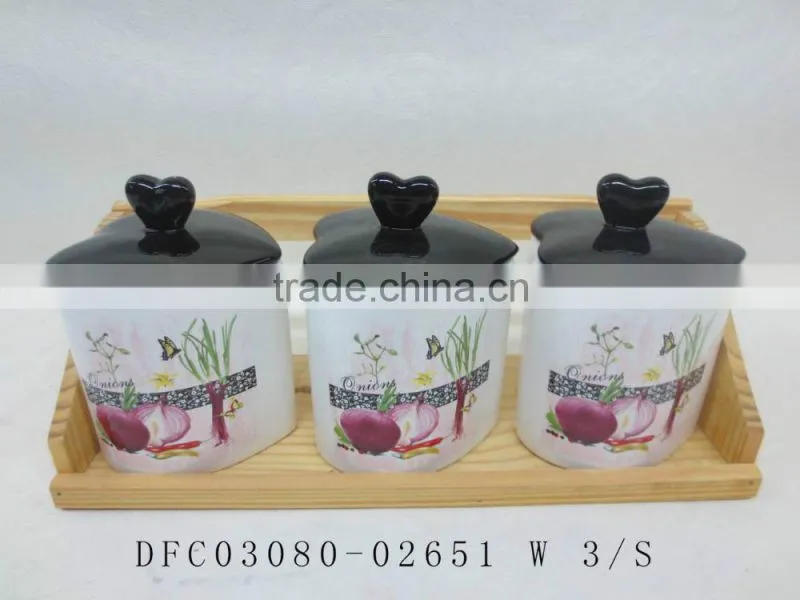 Wheat and Dasiy Decal Ceramic Tea Coffee Sugar canister Set with Wooden Stand