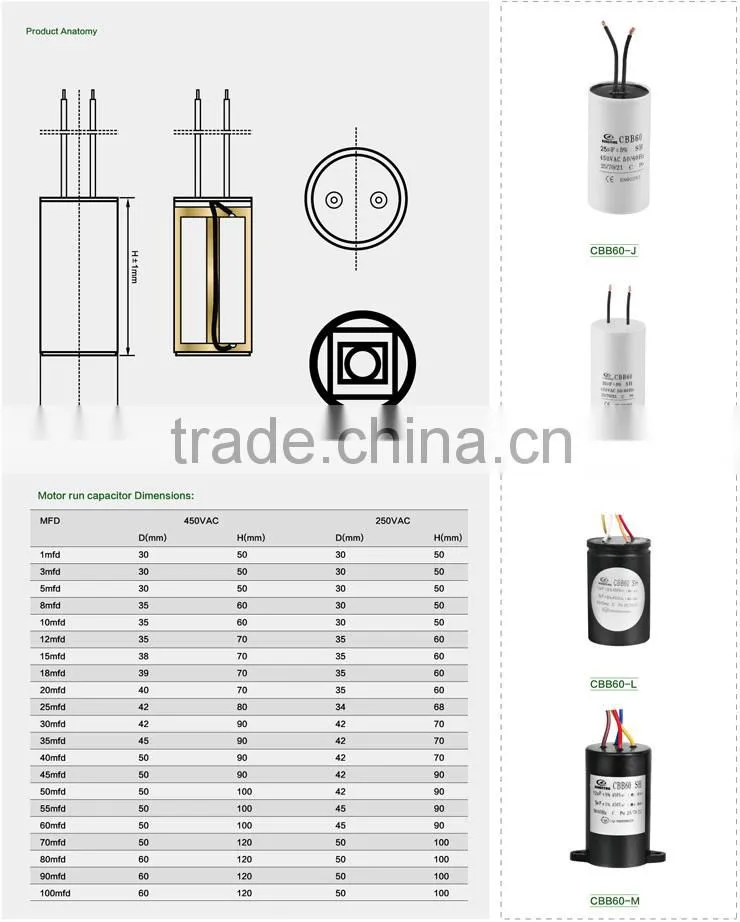 cbb60 ac motor run sh capacitor 250vac 150uf