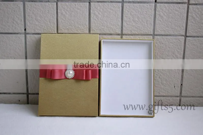 Luxury handmade gold wedding invitations box with ribbon bow