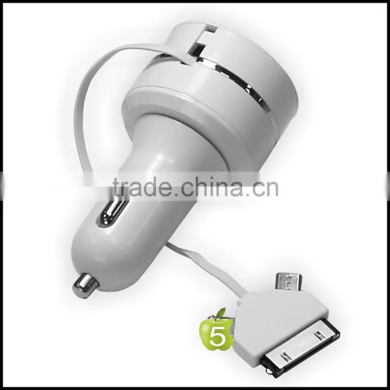 Good quality USB car charger with retracted 3-in -1 cable