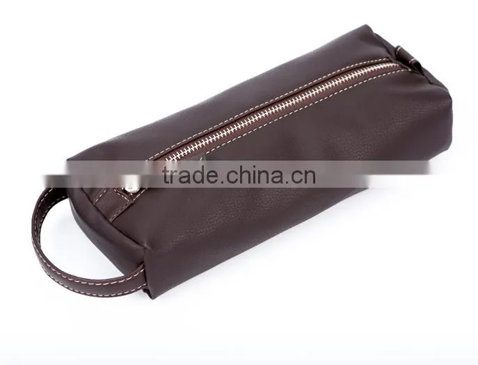 Store More Customized Logo Brown Leather Handled Cosmetic Zipper Bag