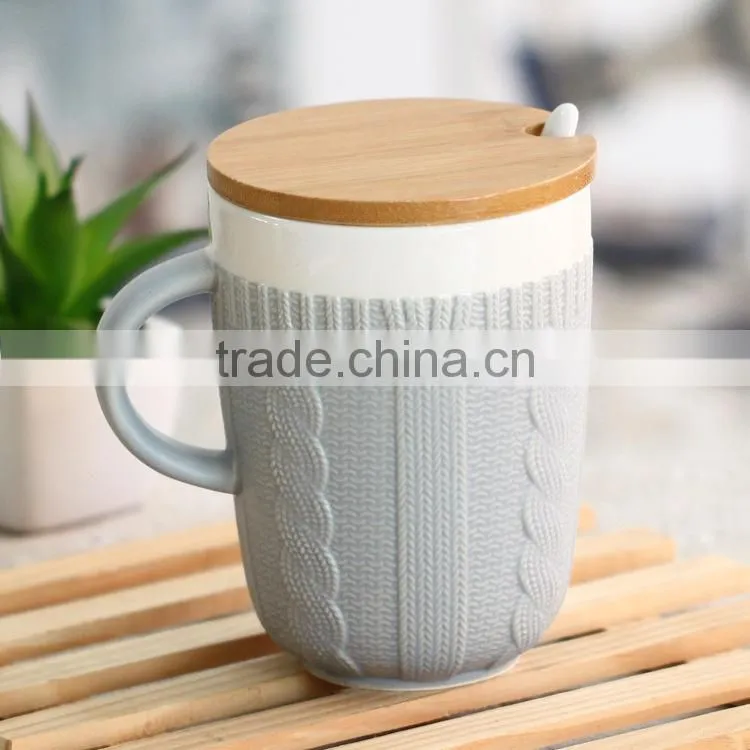 coffee mug with spoon and bamboo lid,innovative and promotion mug,ceramic mug