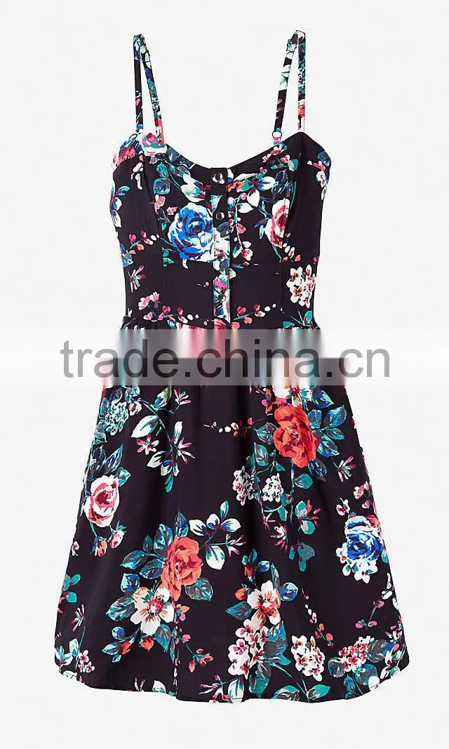 Woman Floral Spaghetti Straps Sexy Skater Rayon Dress