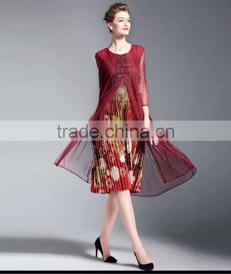 Grace flower printed false two pieces draped retro vintage dress for lady