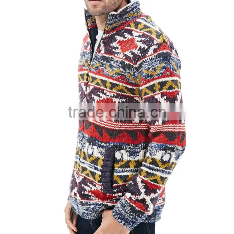 multi-colored ethnic design zipper men sweater southwestern patterns cardigan
