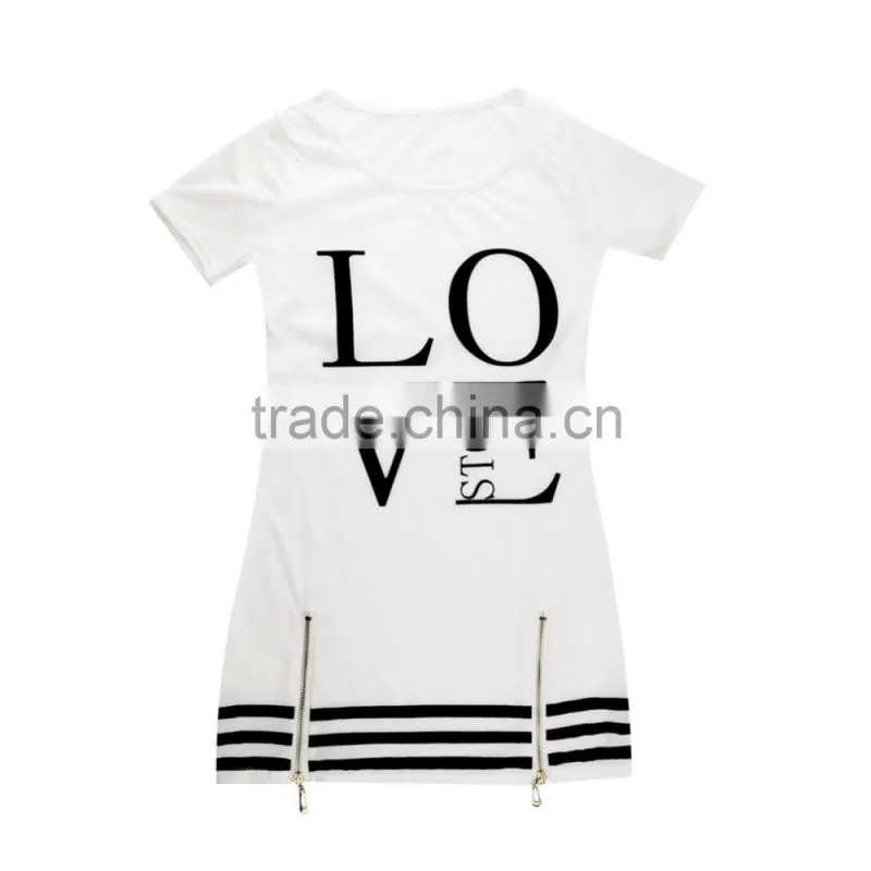1PCS M-XL Women Love Letter Print O Neck Short Sleeve Zipper Long above Knee Straight Dress Summer Casual Dress Tops Blouse