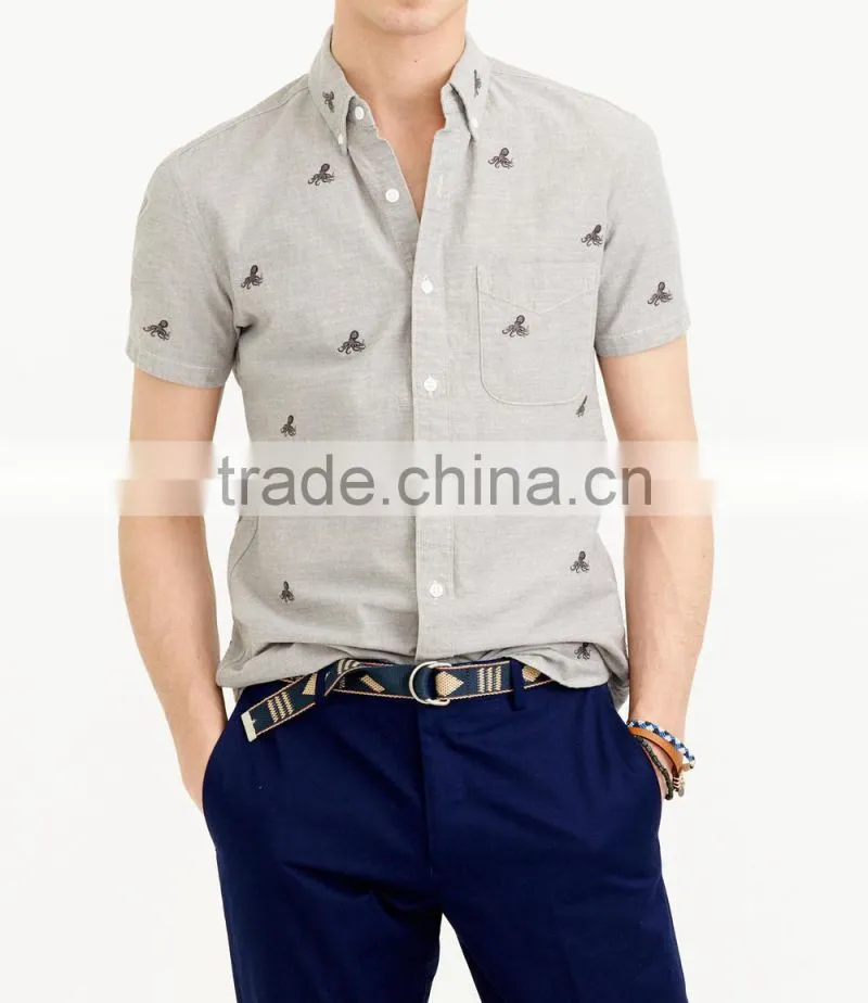 2015 new arrival short-sleeve chambray shirt with embroidered octopi button-down collar with pocket