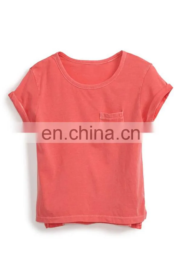 Cuffed short sleeve and a pocket detail cropped tee,girls crop tee,light color tee custom