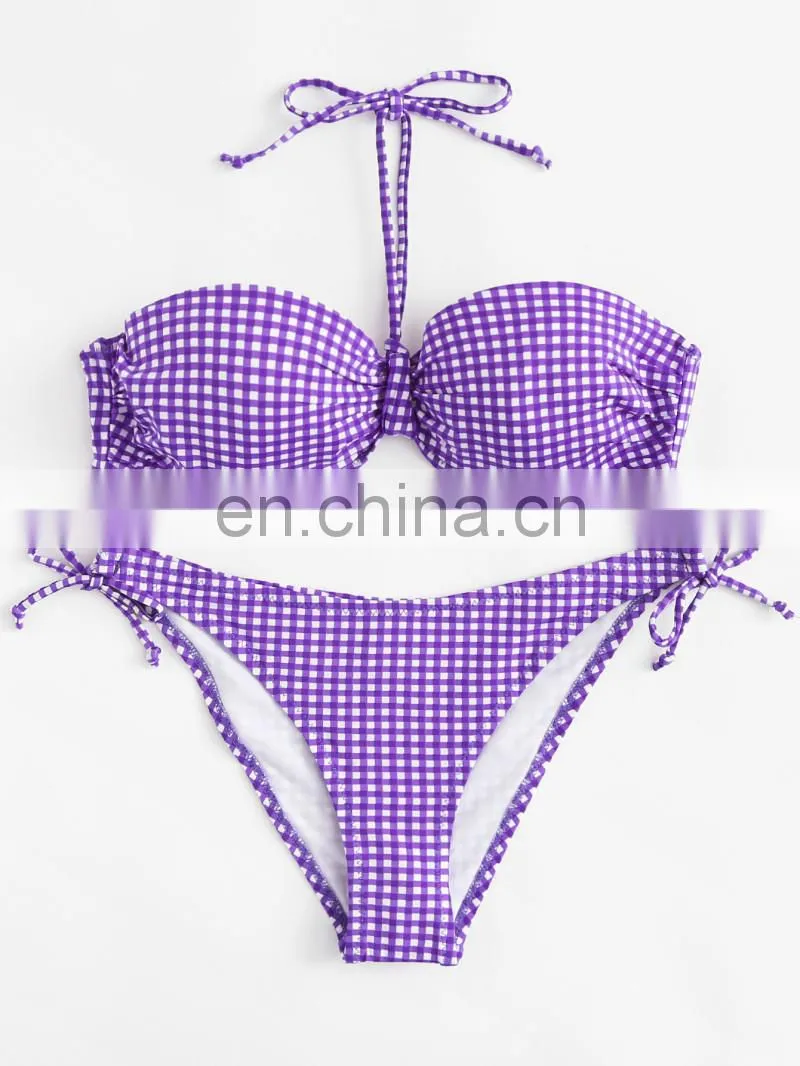 Tie Side Halter Gingham Print Bustier Bikini Set