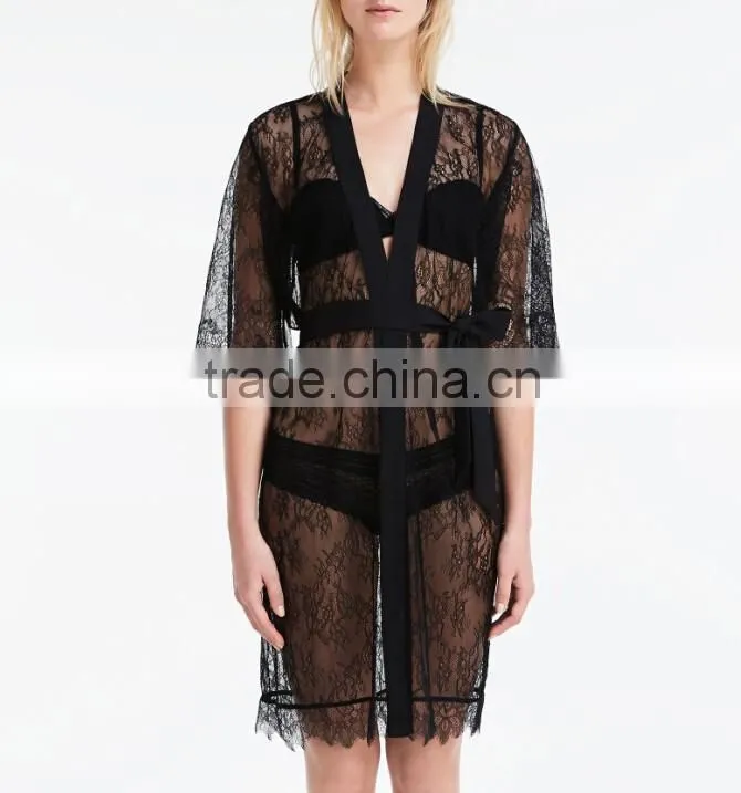 Wholesale Cheap Private Labels Sexy Black Bride Women Eyelash Lace Bridal Sleeping Robes